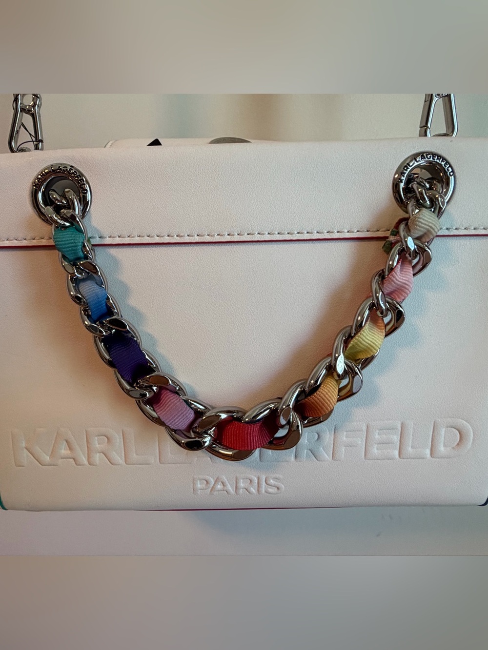 KARL LAGERFELD Savoie SATCHEL White Leather Chain Crossbody BAG Purse NWT $198 🌈 - Picture 9 of 15